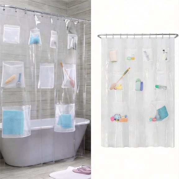Waterproof Mesh Pocket Shower Curtain Liner - Clear PVC Bathroom Organizer with 9 Storage Pockets and Rust-Proof Grommets - 71" x 71"