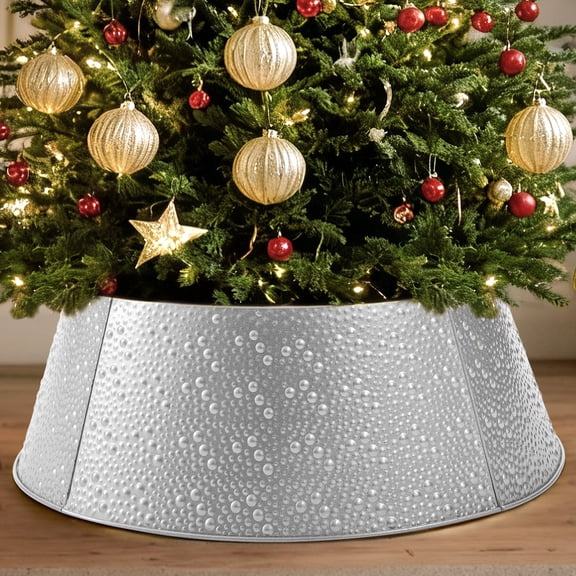 Waterproof Metal Christmas Tree Collar, Decorative Steel Tree Base Cover to Hide Stand & Lights, Durable Reusable Holiday Decor