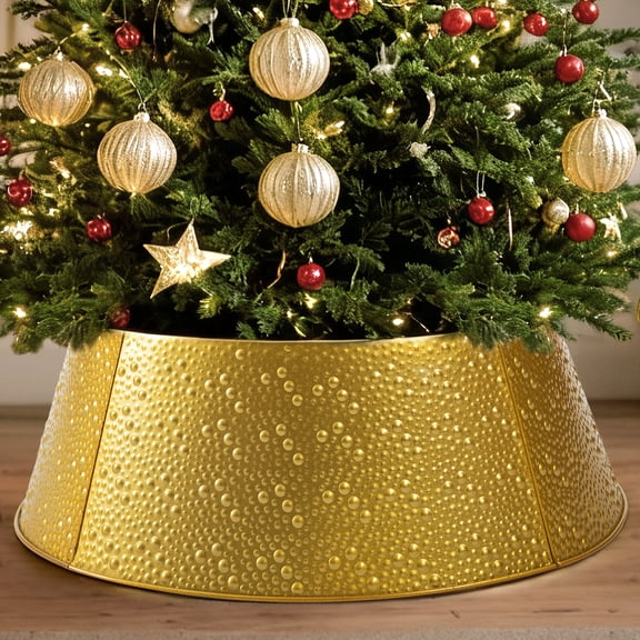 Waterproof Metal Christmas Tree Collar, Decorative Steel Tree Base Cover to Hide Stand & Lights, Durable Reusable Holiday Decor