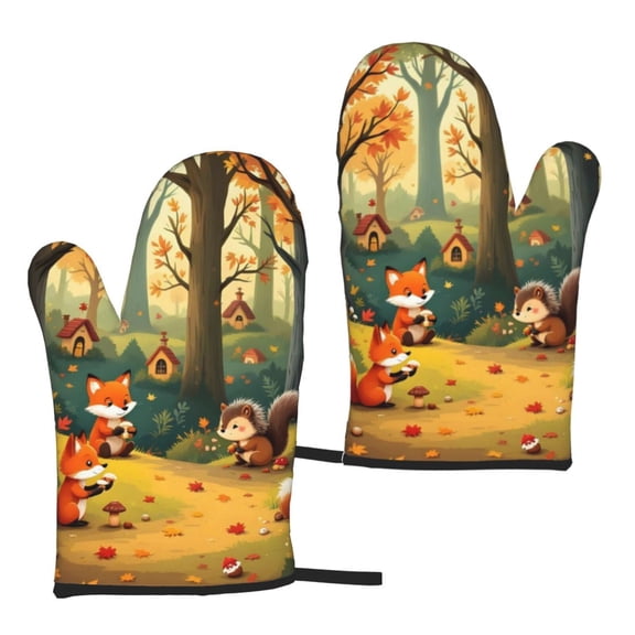 Waterproof Microwave Gloves 2 Pack Heat Resistant Oven Mitt For Kitchen Microwave Bbq Pot Lid Handling Cartoon Forest Animals Autumn