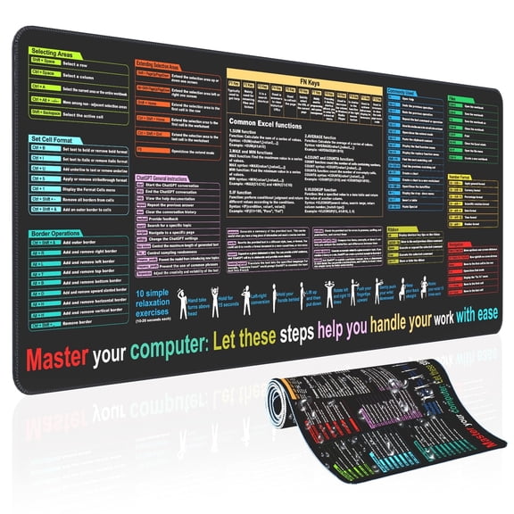 PVC Waterproof Mouse Pad, Excel Cheat Sheet Desk Mat 31.5”x11.8”, XL, Keyboard & Computer Mat, 9 Major Excel Function Modules