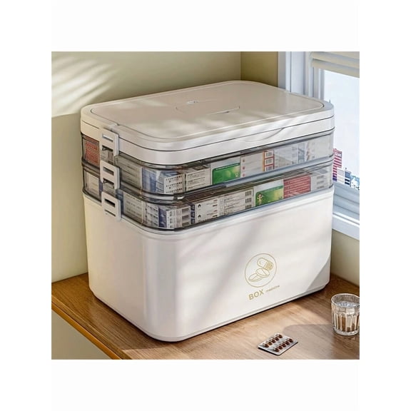 Waterproof Multi-Layer Medicine Storage Box, Portable First Aid Kit Organizer with Snap Closure, Durable Plastic Family Emergency Cabinet, Large Rectangular Container with Flip-Top Lid & Compartments