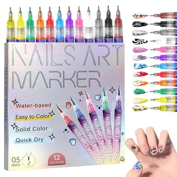 Waterproof Nail Art Pen Set with 12 Colors - Create Salon-Worthy 3D Nail Art at Home Using 0.5mm Fine Tip Markers, Quick-Drying Formula for Professional DIY Nail Designs (1pc), Easy to Use