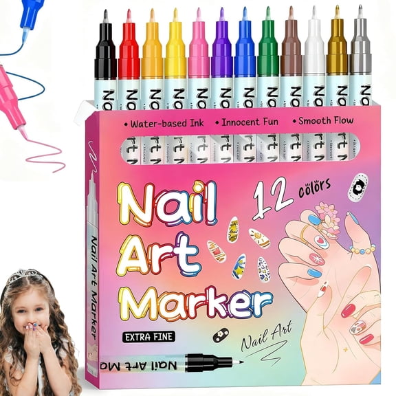 Waterproof Nail Art Pens, 12/24 Color Nail Art Pen Set, Waterproof and Quick-Drying, 0.5mm Fine Tip, for polishing, embellishing, drawing and outlining (suitable for ages 9-12).