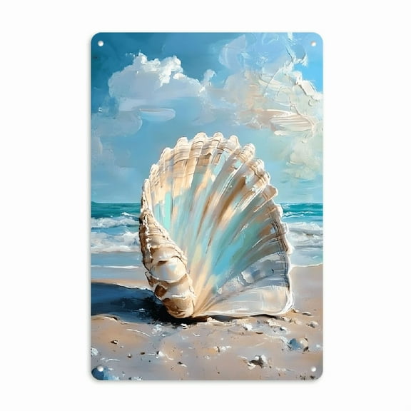Waterproof Nautical Shell Plaque - Vintage Iron Metal Wall Art, Sea Shell Tin Sign for Home, Family Restaurant, Cafe, Garage - Pre-drilled, Weather-Resistant, No Electricity Needed - 8x12 Inch, 1pc