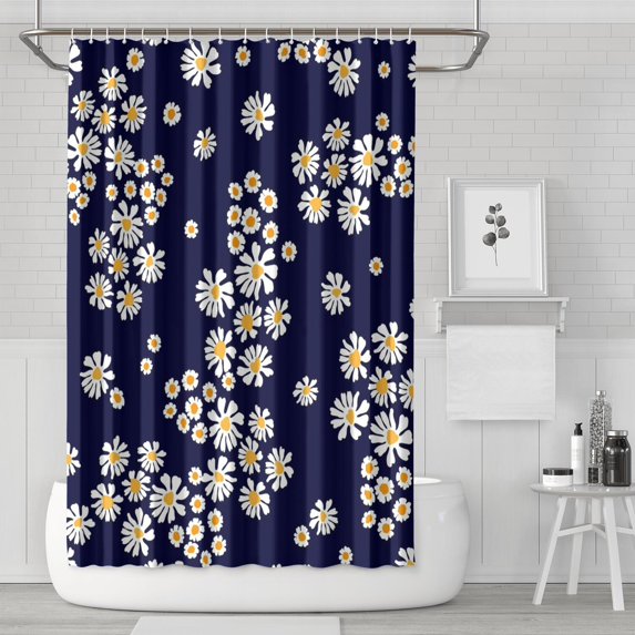 Waterproof Navy Cute Daisy Shower Curtain 72x72 Inch Boho Style Polyester Unique Shower Curtain for Bathroom Hotel Home Decor with 12 Plastic Hooks