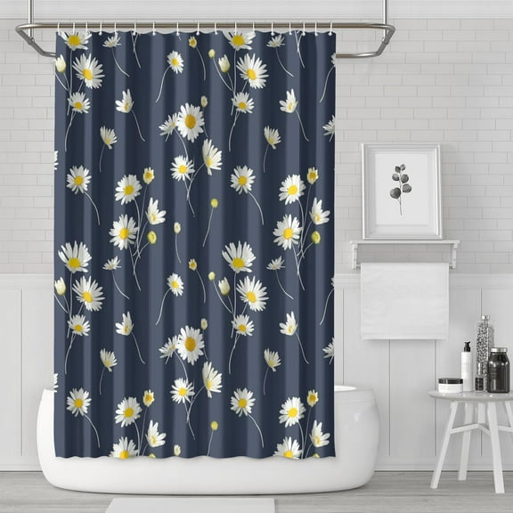 Waterproof Navy Cute Daisy Shower Curtain 72x72 Inch Boho Style Polyester Unique Shower Curtain for Bathroom Hotel Home Decor with 12 Plastic Hooks