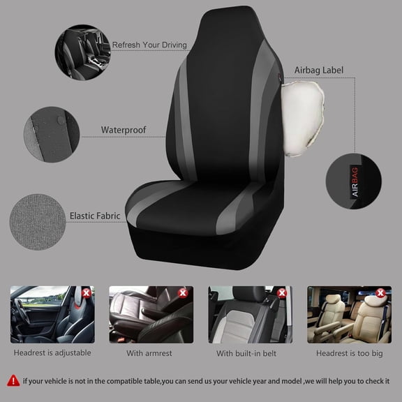 Waterproof Neoprene Car Seat Covers for Front Seats, High-Back Bucket Style, Airbag Compatible, Universal Fit for Trucks, Vans & SUVs, Black & Gray