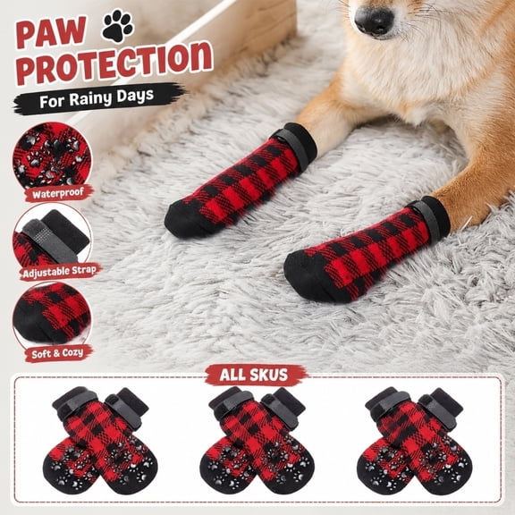 Waterproof Non-Slip Dog Socks for Small Medium Dogs, Pet Paw Protectors with Adjustable Straps Traction Booties (4 Pet Shoes)
