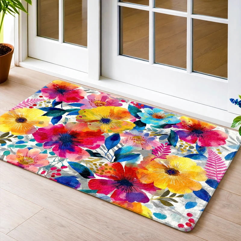 Waterproof Non-Slip Rubber Backed Flannel Floor Mat, Colorful Watercolor Floral, Machine Washable, for Indoor Outdoor Living Room Bedroom Kitchen Bathroom Balcony Porch Entryway Doormat Rug