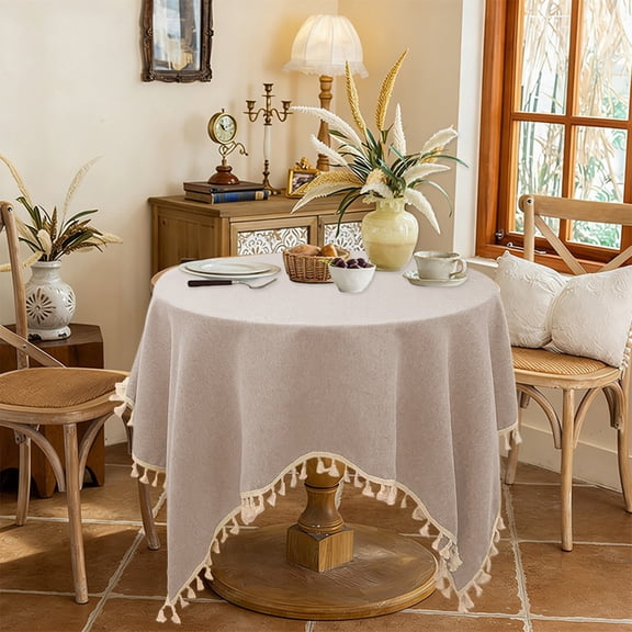 Waterproof and Oil Resistant Tablecloth with Tassel Trim - Rectangular Cotton Linen Table Cover for Dining and Coffee Table Decor - Washable Durable Fabric Table Mat(Khaki)