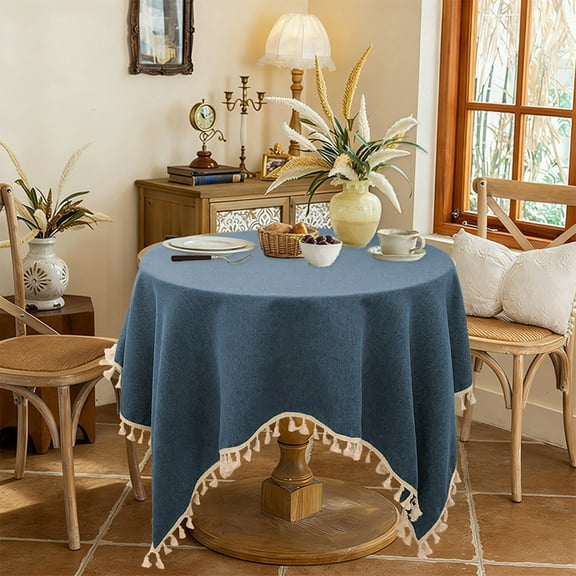 Waterproof and Oil Resistant Tablecloth with Tassel Trim - Rectangular Cotton Linen Table Cover for Dining and Coffee Table Decor - Washable Durable Fabric Table Mat(Navy)