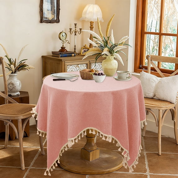 Waterproof Oil Resistant Tablecloth with Tassels | Cotton Linen Blend | Rectangular Decor for Coffee & Dining Tables | 90x90cm