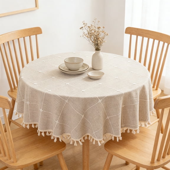 Waterproof Oil Resistant Tassel Tablecloth for Home Decor, Wrinkle Free Polyester Fabric for Restaurant Dining Table, Stain Repellent Easy Clean, Elegant Fringe Edge