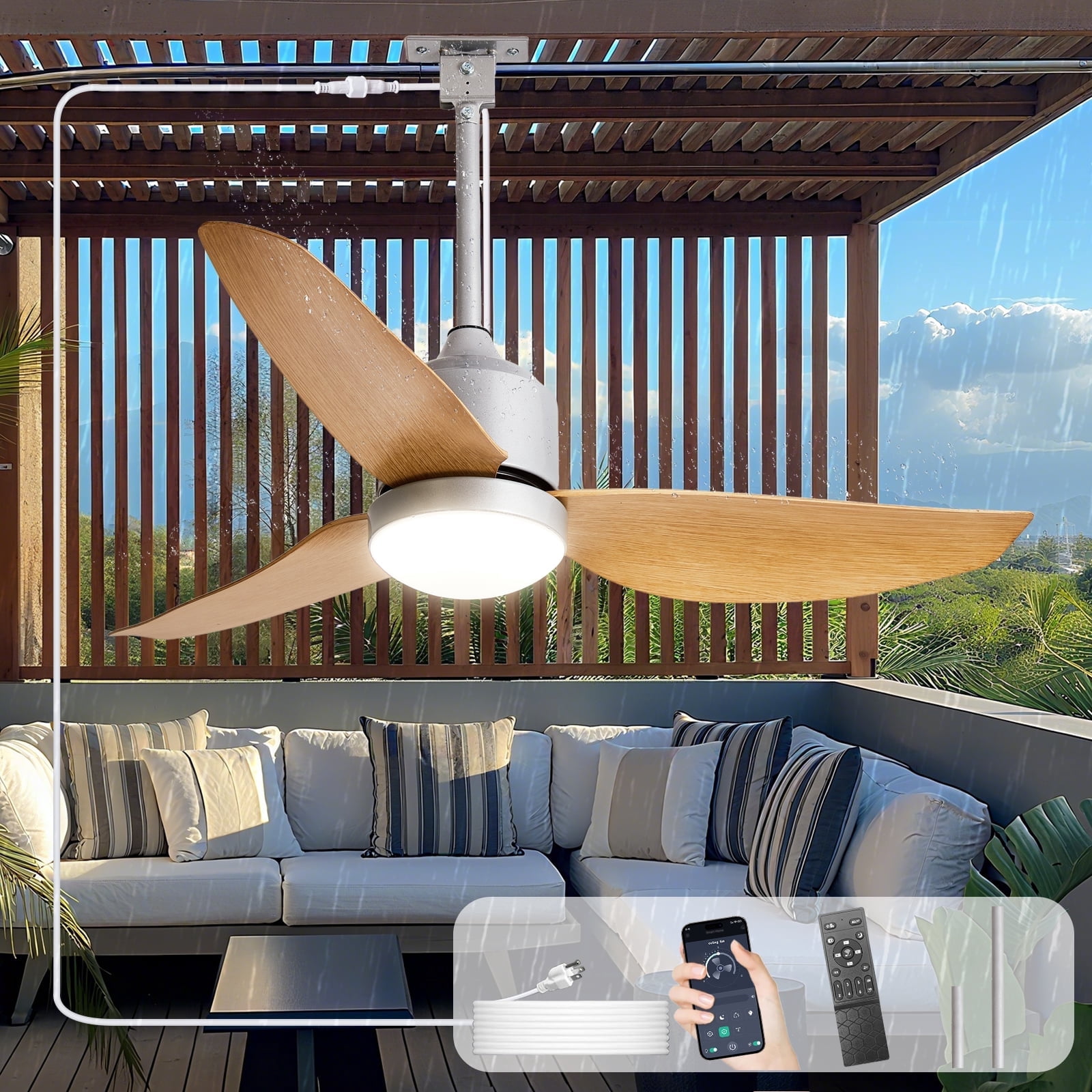 Depuley Waterproof Outdoor Ceiling Fan with Light:42" Nickel Hanging Fan for Patios, Gazebo - Plug-in Fan with Remote and APP, 3 CCT, 6-Speed