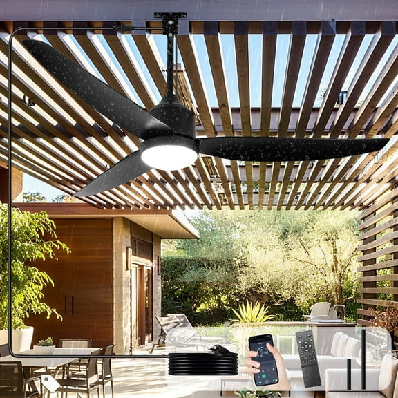 Waterproof Outdoor Ceiling Fan with Light:52" Black Hanging Fan for Patios, Gazebo - Plug-in Fan with Remote and APP, 3 CCT, 6-Speed