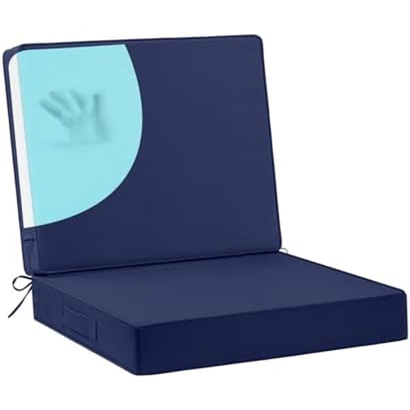 Waterproof Outdoor Chair Cushions 22x22, Memory Foam Outdoor Cushions for Patio Furniture with Removable Cover, Deep Seat Cushions for Outdoor Furniture with Ties and Handle, Navy
