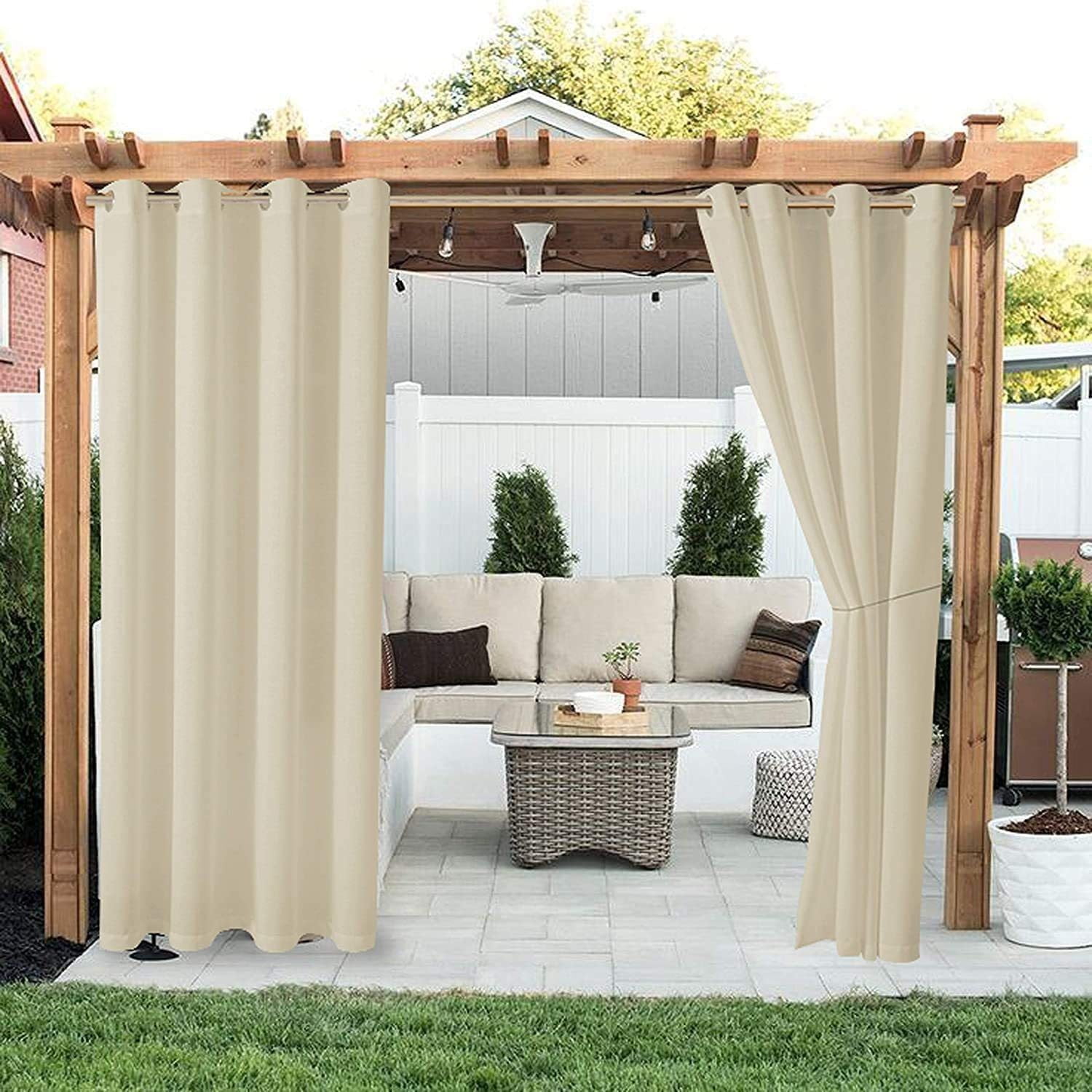 Waterproof Outdoor Curtains for Patio, 52x72 Inch Thermal Insulation Sun Blocking Door Curtain for Patio Gazebo Terrace Living Room, Linen Curtain for Living Room Kitchen, 1 Panel, Beige