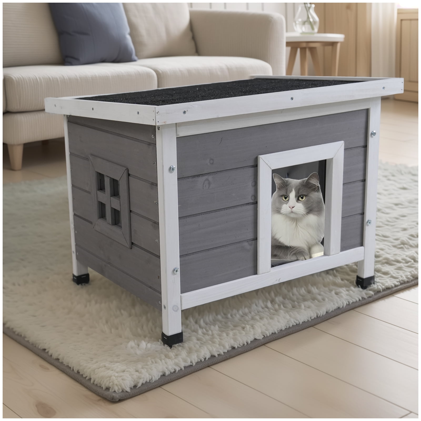 Waterproof Outdoor Feral Cat House, Wooden Small Animal Shelter with Asphalt Roof, PVC Door Flap, Elevated Floor & Adjustable Feet, Indoor Outdoor Hutch for Cat Rabbit Bunny Small Dog