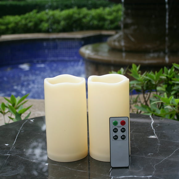 Waterproof Outdoor Flameless LED Candles - with Remote and Timer Realistic Flickering Battery Operated Powered Electric Electronic Plastic Resin Pillar Candles 2-Pack 3âx 6â