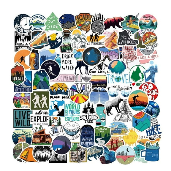 Waterproof Outdoor Hiking Camping Adventure Stickers for Water Bottle Laptop Computer Tumbler Cup 100pcs, Vinyl Outdoorsy Wilderness Nature Travel Stickers Pack for Adult Men Women Teens Boy Girl Kid