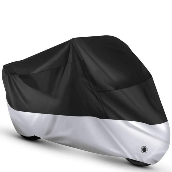 Waterproof Outdoor Motorcycle Cover, Maveek Dust Resistant Anti UV Rain Sun Wind Proof Motorbike Covers with Lock Holes & Storage Bag, 104.3''(L) * 41.3''(W) * 49.2''(H) for XXL Size (Black Silvery)
