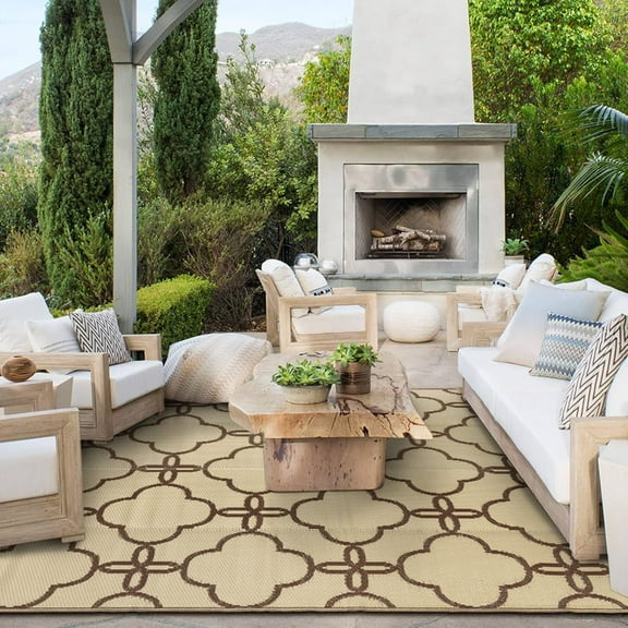 Waterproof Outdoor Patio Rug - Reversible Plastic Straw Camping Mat with Carrying Bag - Ideal for RV, Picnic, Backyard, Indoor Use - Durable & Easy-Clean Design, 5 x 8 ft, Light Coffee, 1 Pack