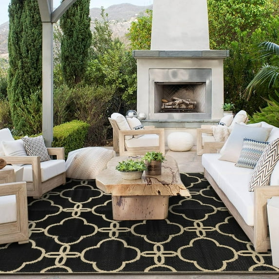 Waterproof Outdoor Patio Rug - Reversible Plastic Straw Camping Mat with Carrying Bag - Ideal for RV, Picnic, Backyard, Indoor Use - Durable & Easy-Clean Design, 9 x 12 ft, Black, 1 Pack