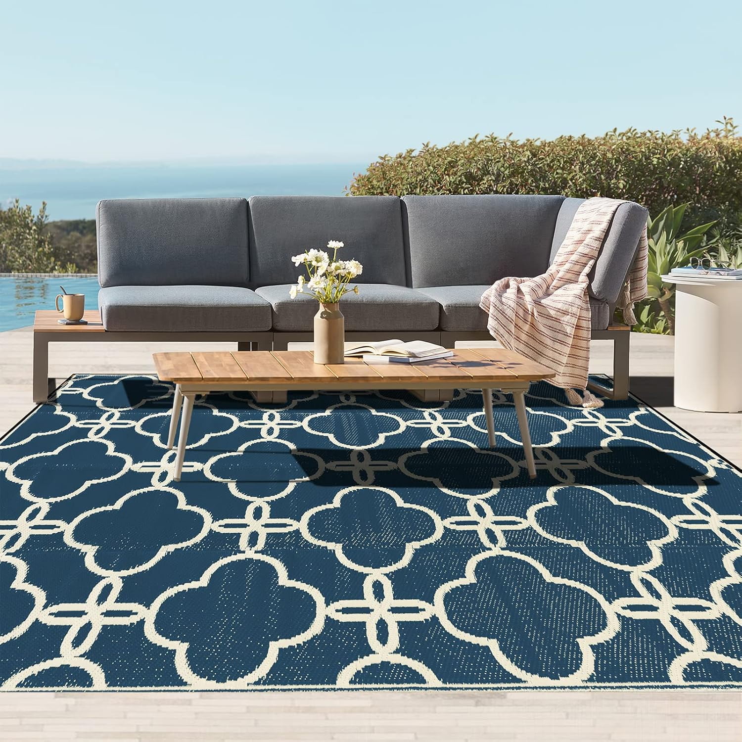 Waterproof Outdoor Patio Rug - Reversible Plastic Straw Camping Mat with Carrying Bag - Ideal for RV, Picnic, Backyard, Indoor Use - Durable & Easy-Clean Design, 9 x 12 ft, Blue, 1 Pack