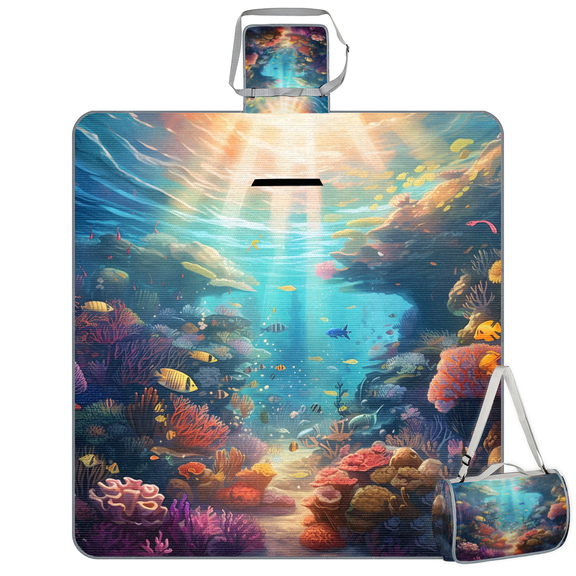 Waterproof Outdoor Picnic Blanket, Foldable Beach Mat with Adjustable Strap, 59"x57" Portable Camping Park Gear Grass Lawn,Ocean World Pattern
