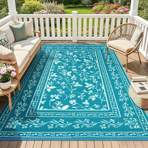 Waterproof Outdoor Rug 5x8 Ft, Reversible Plastic Straw Patio Rugs for Backyard Picnic, Portable Outside Camping Carpet Mat for RV Deck Porch Balcony Beach Pool (Lake Blue)