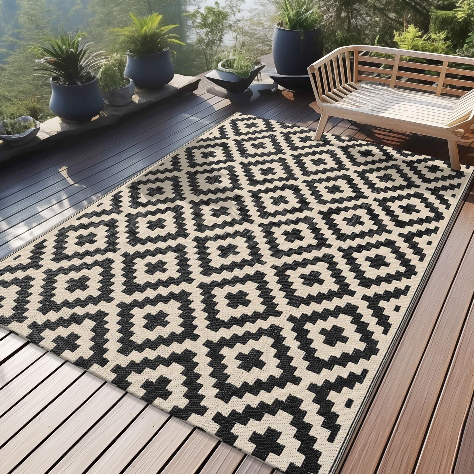 Waterproof Outdoor Rug 5x8 ft, Reversible Plastic Straw Patio Rug for Camping, RV Mat Outside, Indoor Outdoor Carpet for Porch, Deck, Backyard, Camper, Balcony, Picnic, Black & White