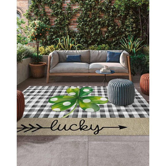 Waterproof Outdoor Rug 5x8ft Green Clovers Black Plaid St. Patrick''s Day Area Rug Mats for Patio Backyard Deck Camping RV Picnic Beach Watercolor Shamrock