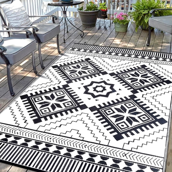 Waterproof Outdoor Rug 6x9ft, Boho Reversible Plastic Straw Mat for Patio RV Deck Porch Backyard Balcony Camping Picnic Beach Indoor Outdoor Carpet, Black&White