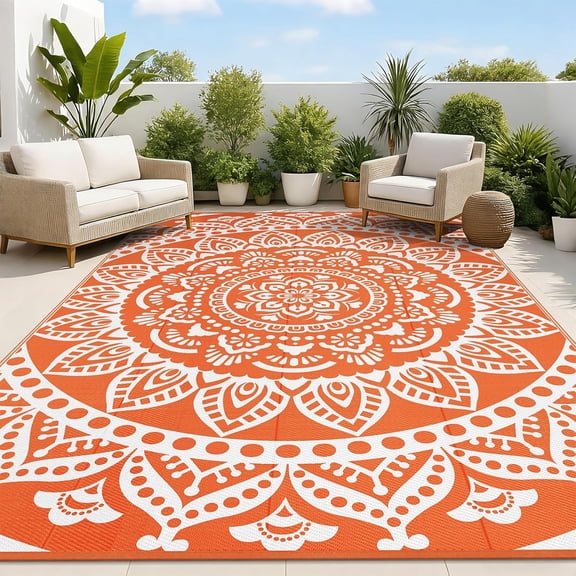 Waterproof Outdoor Rug 8'x10' Reversible Boho Plastic Straw Patio Deck Camping Rugs, Indoor Outdoor Portable RV Mat Clearance Carpet for Outside, Porch, Balcony, Backyard, Beach, Pool,Orange