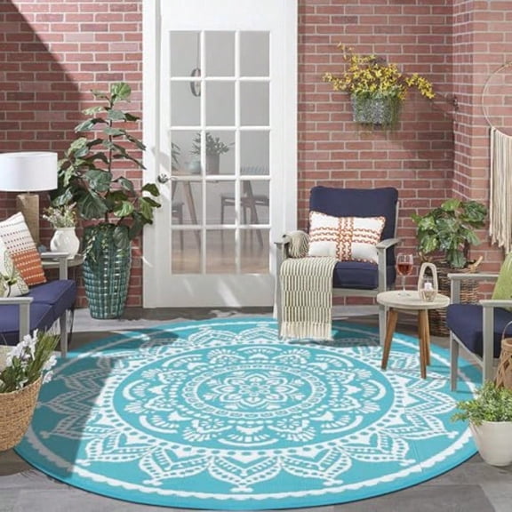 Waterproof Outdoor Rug 8ft Round Reversible Boho Plastic Straw Patio Deck Camping Rugs Indoor Outdoor Portable RV Mat Carpet for Outside Porch Balcony Backyard Beach Pool Teal