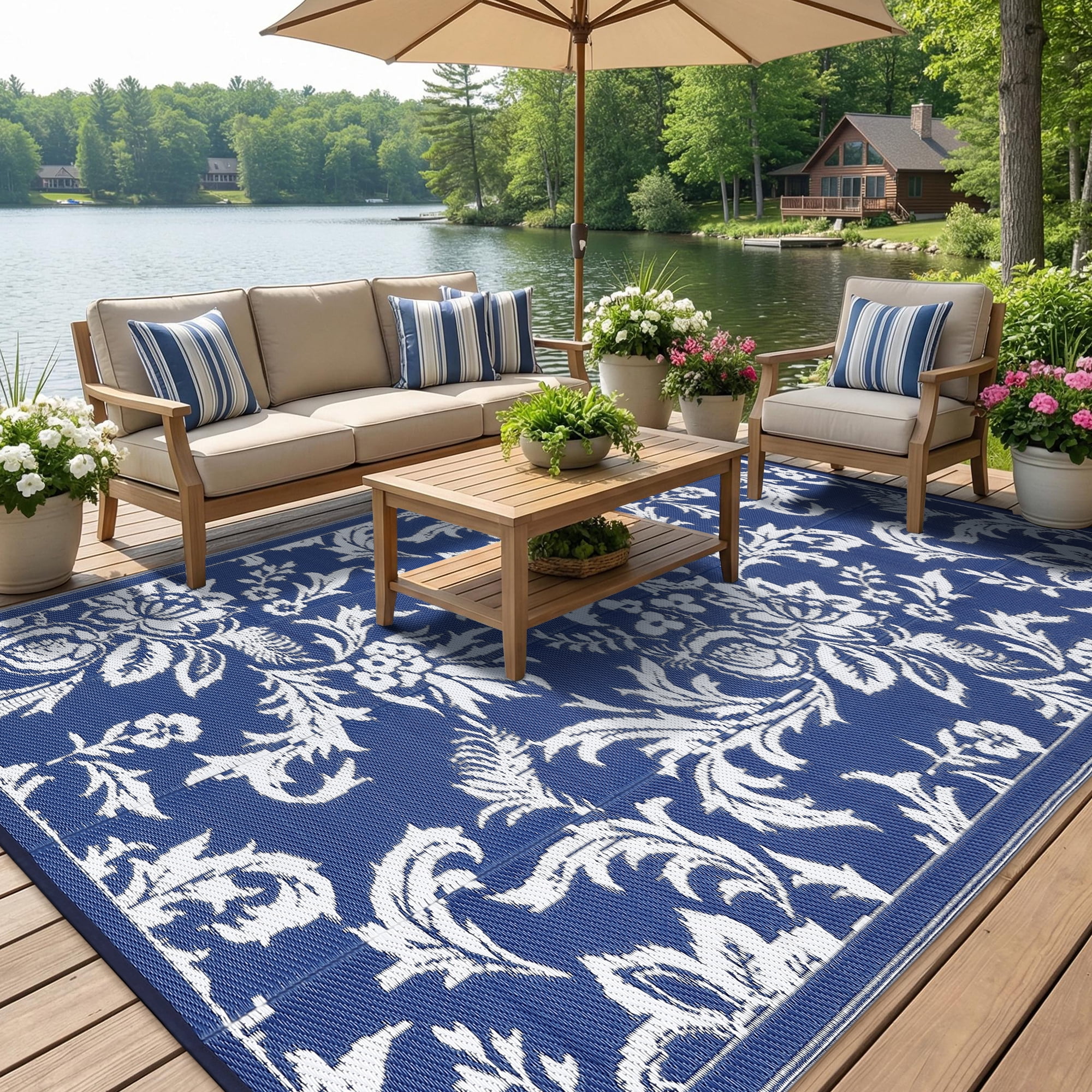 Waterproof Outdoor Rug 8x10 FT Reversible Plastic Straw Patio Mat, Lightweight Foldable Area Rug for RV Camping, Deck, Backyard, Porch, Beach, Picnic, Dark Blue & White
