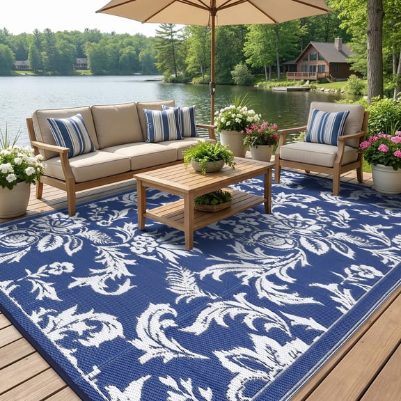 Waterproof Outdoor Rug 8x10 FT Reversible Plastic Straw Patio Mat, Lightweight Foldable Area Rug for RV Camping, Deck, Backyard, Porch, Beach, Picnic, Dark Blue & White
