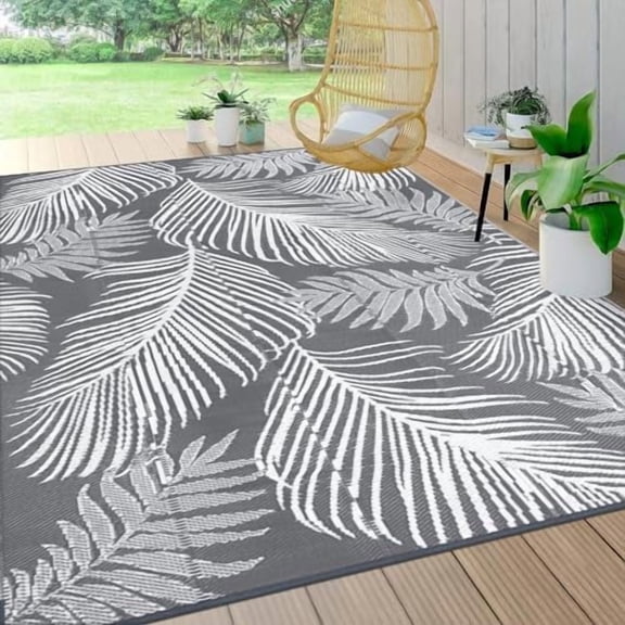 Waterproof Outdoor Rug 8x10, Reversible Plastic Straw Patio Camping Rug, Indoor Outdoor RV Mat Carpet for Deck, Camper, Porch, Balcony, Backyard, Picnic, Leaf Grey