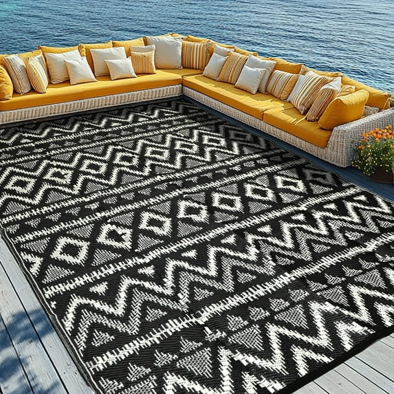 Waterproof Outdoor Rug 8x10 ft, Reversible Outdoor Plastic Straw Rug, Easy to Clean Outdoor Patio Rug, Portable Outdoor Carpet for Patio, RV, Deck, Balcony, Backyard, Picnic, Geometric Diamond, Gray