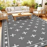 Waterproof Outdoor Rug 9*18ft, Modern Reversible Plastic Straw Patio Camping Rugs, Outdoor Indoor RV Mat Carpet for Patio, Outside Entry, Backyard, Deck, Bench, Picnic, Camper, Gray-white