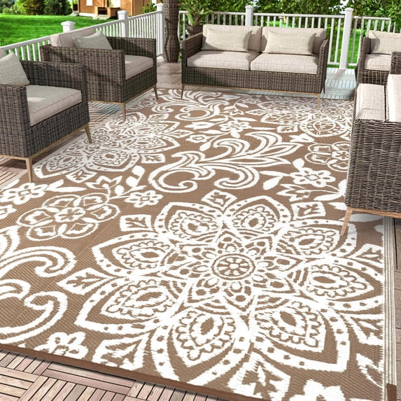 Waterproof Outdoor Rug 9' x 18' - Reversible Mandala Outdoor Plastic Straw Rug, Durable Foldable Patio Rug for RV, Deck, Balcony, Backyard, Picnic, Porch, Camping, Beach, Gray