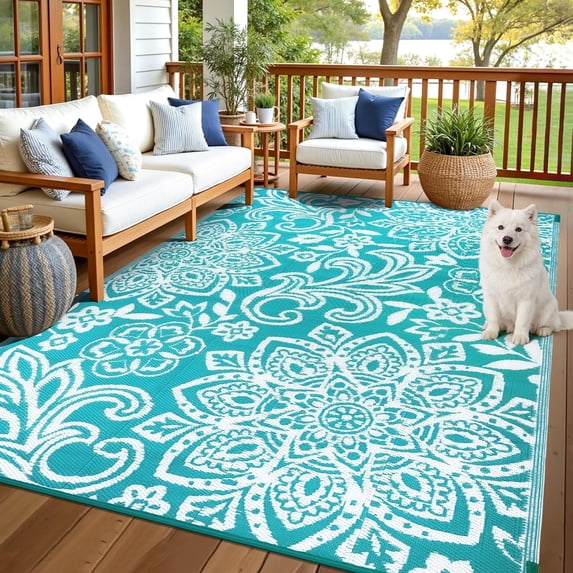 Waterproof Outdoor Rug 9' x 18' - Reversible Mandala Outdoor Plastic Straw Rug, Durable Foldable Patio Rug for RV, Deck, Balcony, Backyard, Picnic, Porch, Camping, Beach, Gray