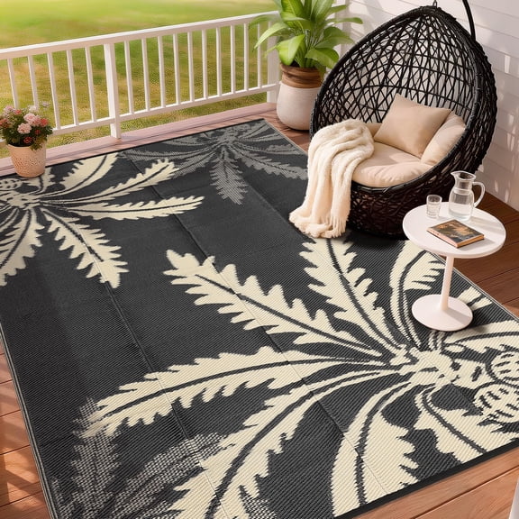 Waterproof Outdoor Rug 9x12, Reversible Modern Rug, Black & Brown | Large Plastic Straw Outdoor Mat for Patio Camping, RV, Porch, Backyard, Deck, Picnic, Beach