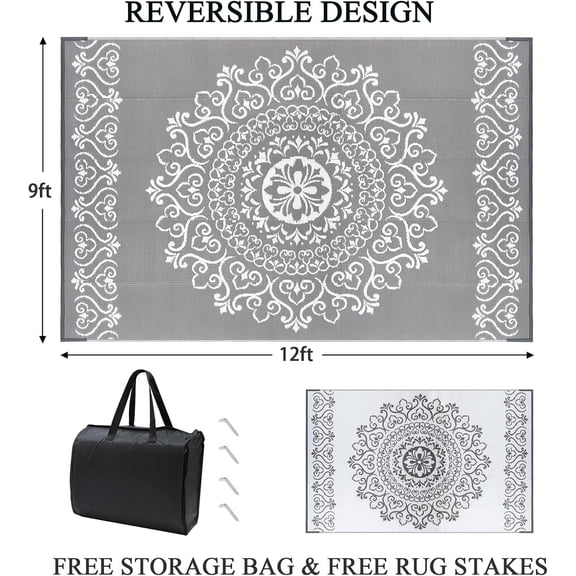 Waterproof Outdoor Rug 9x12, Reversible Plastic Straw  Camping Rug, Indoor Outdoor RV Mat Carpet for Deck, Camper, Porch, Balcony, Backyard, Picnic, Floral Grey