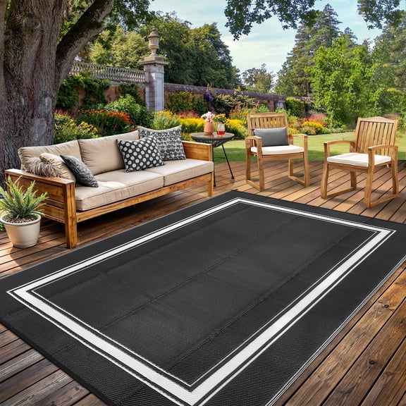 Waterproof Outdoor Rug 9x12 Reversible Plastic Straw Rug Modern Bordered Large Floor Carpet UV Resistant Camping Mat for Outsides RV Patio Backyard Picnic Deck Black/White