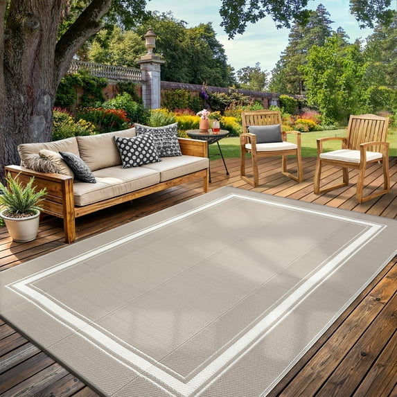 Waterproof Outdoor Rug 9x12 Reversible Plastic Straw Rug Modern Bordered Large Floor Carpet UV Resistant Camping Mat for Outsides RV Patio Backyard Picnic Deck Grey/White