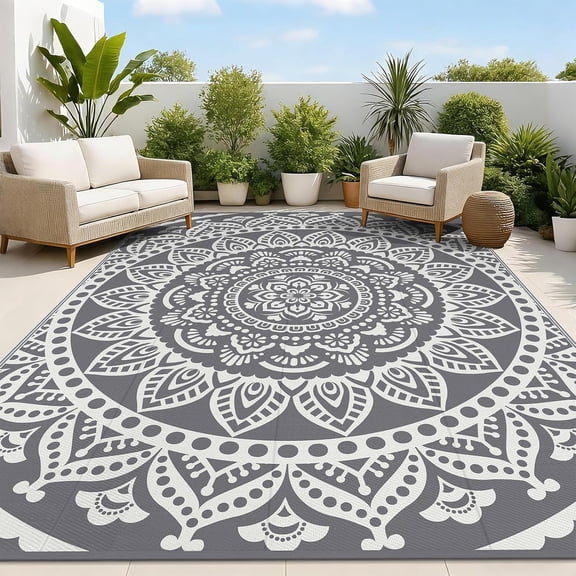 Waterproof Outdoor Rug 9x12 ft Large Reversible Boho Plastic Straw Patio Deck Camping Rugs, Indoor Outdoor Portable RV Mat Carpet for Outside, Porch, Balcony, Backyard, Beach, Pool,Grey