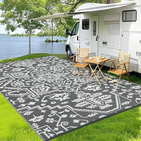 Waterproof Outdoor Rug 9x18 Reversible Plastic Straw Patio Rug, Stain-Resistant Vintage Medallion Carpet, Large Indoor Outdoor RV Mat for Deck, Camping, Balcony, Grey White