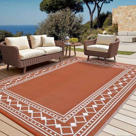 Waterproof Outdoor Rug 9x18ft, Reversible Plastic Straw Rug, Indoor Outdoor Area Rug, Portable Patio Carpet for RV, Deck, Balcony, Backyard, Picnic & Beach, Terracotta Orange and White